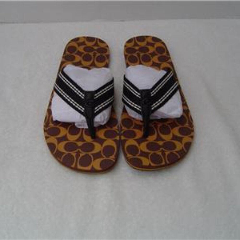 NEW MENS COACH SADDLE AND PAPAYA SIGNATURE PRINT FLIP FLOPS #C8896 SIZE 10 - Picture 9 of 9